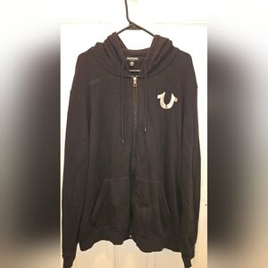 True Religion Black Zip-Up Hoodie with Iconic Emblem